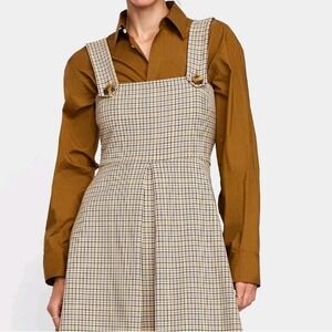 ZARA Woman Plaid Pinafore Dress Square Neck Button Strap A-Line Mini Tan L